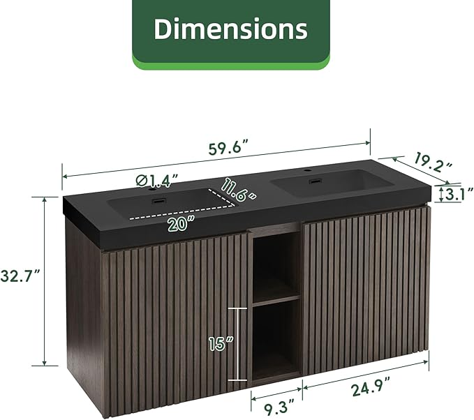 60" Bathroom Vanity with Double Sink, Freestanding Double Sink Bathroom Vanity with Black Engineered Stone Top, Open Storage Cabinet & Adjustable Shelf, 4 Soft-Closing Doors, Smoked Oak Brown