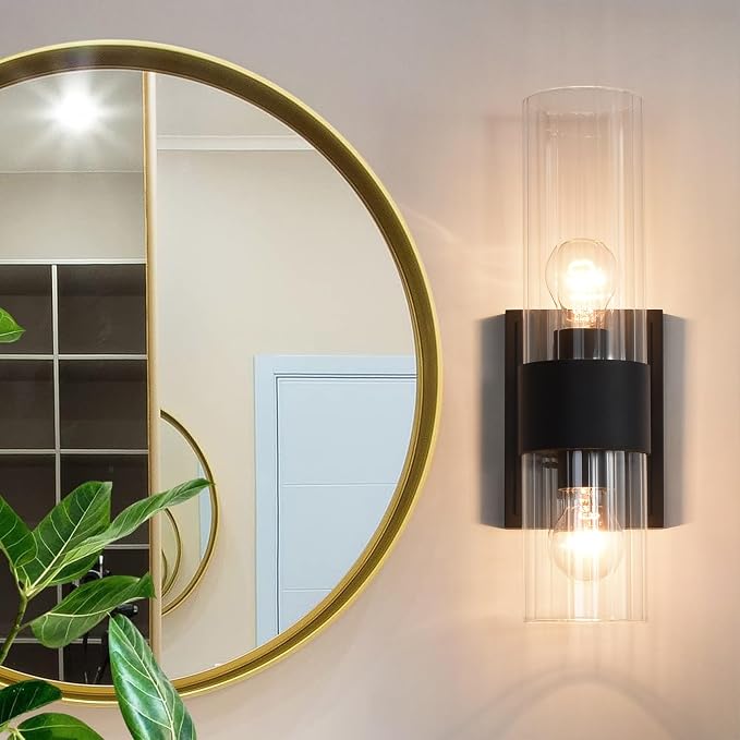 Textured Black Modern Bathroom Sconces Wall Lighting with Clear Ribbed Glass, Brushed Nickel 2-Light Bathroom Vanity Light Fixtures for Mirror Living Room Hallway Bedroom