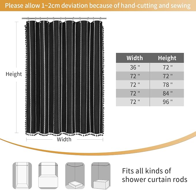 Boho Farmhouse Tassel Linen Shower Curtain,3D Embroidery Stripe Black,36x72 | Small Stall Half Size,310GSM Linen Texture Heavy Duty Cloth,Water Repellent,Wrinkle Resistant,Vintage Rustic Country design