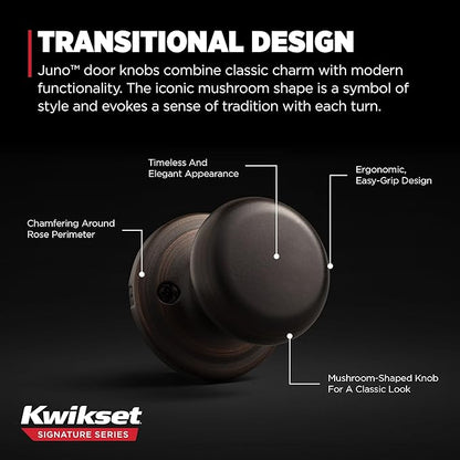 Kwikset Juno Dummy Door Knob, Single Sided Handle for Closets, French Double Doors, and Pantry, Venetian Bronze Non-Turning Interior Push/Pull Door Knob, with Microban Protection (Pack of 2)