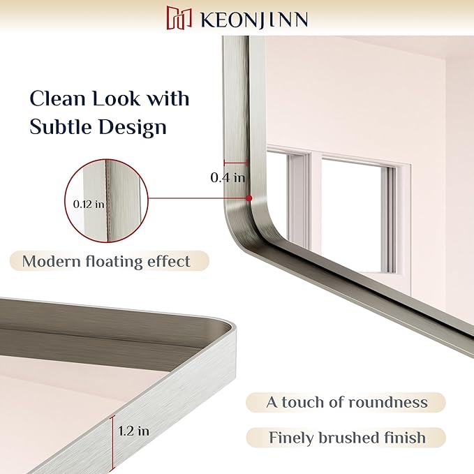 Keonjinn 72 x 36 Brushed Nickel Bathroom Vanity Mirror, Large Rounded Rectangle Bathroom Mirrors for over Sink, Metal Framed Silver Mirror for Wall, Shatterproof HD Tempered Glass(Horizontal/Vertical)