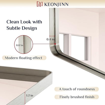Keonjinn 32 x 36 Inch Brushed Nickel Bathroom Mirrors for Over Sink, Rounded Rectangle Silver Bathroom Vanity Mirror, Farmhouse Mirror for Wall, HD Tempered Glass, Anti-Rust Aluminum Alloy Mirror