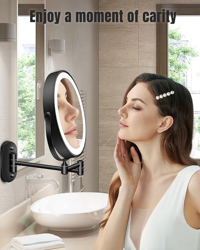 VFD 8'' 30X/1X Wall Mounted Lighted Magnifying Makeup Mirror with Lights | Double Sided Rechargeable Bathroom Mirror, 3 Color Lights Touch Dimmable Extended Arm 360 Rotation Light up Mirrors