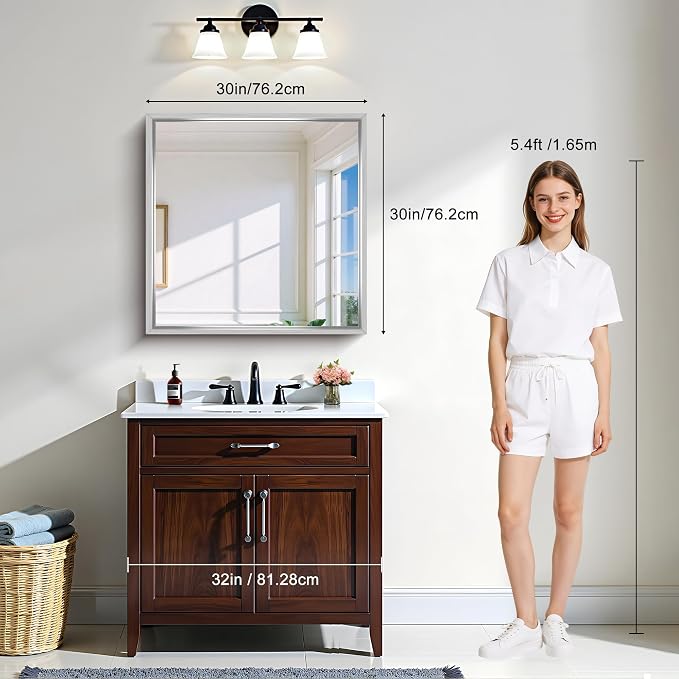 CIRCUMI 30"x30" Brushed Silver Bathroom Mirror, Square Mirror for Vanity | Chunky Box Metal Frame, Shatterproof, Tempered Glass, Bathroom Remodel&New Home,Wall Mirror for Over Sink,Living Room,Hallway