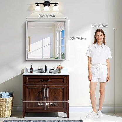 CIRCUMI 30"x30" Brushed Silver Bathroom Mirror, Square Mirror for Vanity | Chunky Box Metal Frame, Shatterproof, Tempered Glass, Bathroom Remodel&New Home,Wall Mirror for Over Sink,Living Room,Hallway