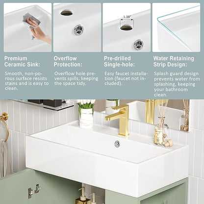 21.6 in Small Bathroom Vanity with Sink,Doors and Storage Shelves,Wood Modern Single Fluted Bathroom Sink Cabinet Freestanding (Green,Right Shelf)