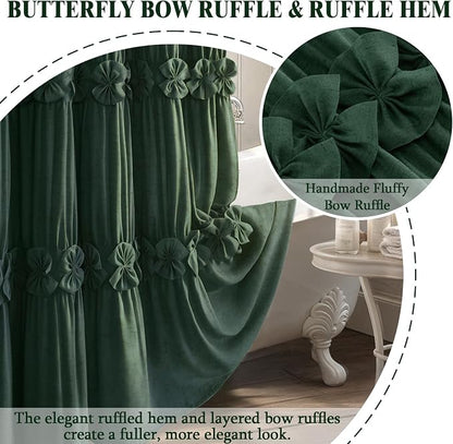 Ruffle Farmhouse Linen Shower Curtain with Vintage Dark Green 72" W x 72" H | Linen Blend Fabric, Ruffle Bow and Ruffled Hem，Linen Texture，Machine Washable，12 Metal Holes and Plastic Hooks