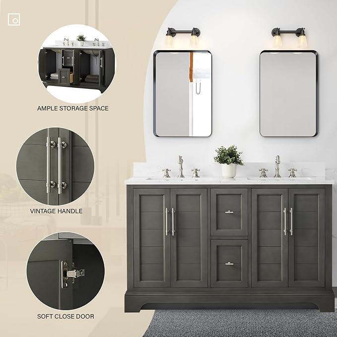 HOMEBEYOND 54 Inch Bathroom Vanity with Double Sink & Ceramic Top, Vanity Cabinet with Center Countertop Basin, Soft-Closing Doors, Backsplash,Sliver Grey