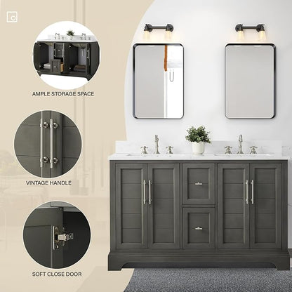 HOMEBEYOND 54 Inch Bathroom Vanity with Double Sink & Ceramic Top, Vanity Cabinet with Center Countertop Basin, Soft-Closing Doors, Backsplash,Sliver Grey