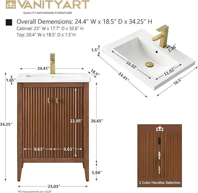 Vanity Art 24 inch Walnut Bathroom Vanity with Single Sink & Ceramic Top, Vanity Cabinet with Soft-Closing Door, Solid Wood Frame, Linear Pattern, Walnut, VA9124-Walnut-MB,Matte Black Handles