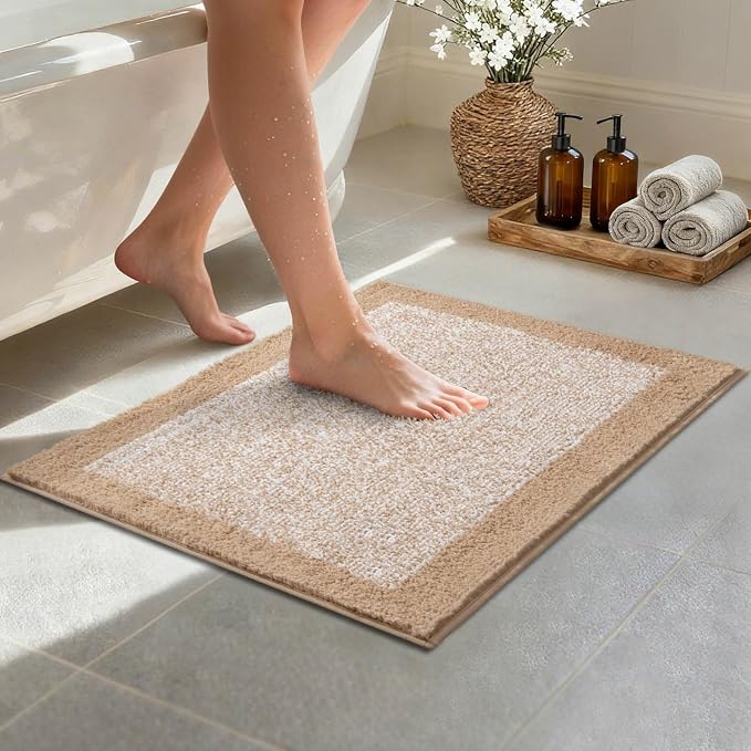 Bathroom Rugs 24x17 Non Slip Washable, Beige Bath Mat for Bathroom Floor Tub, Soft Absorbent Quick Dry Mats for Shower, Bathtub,Home Decor