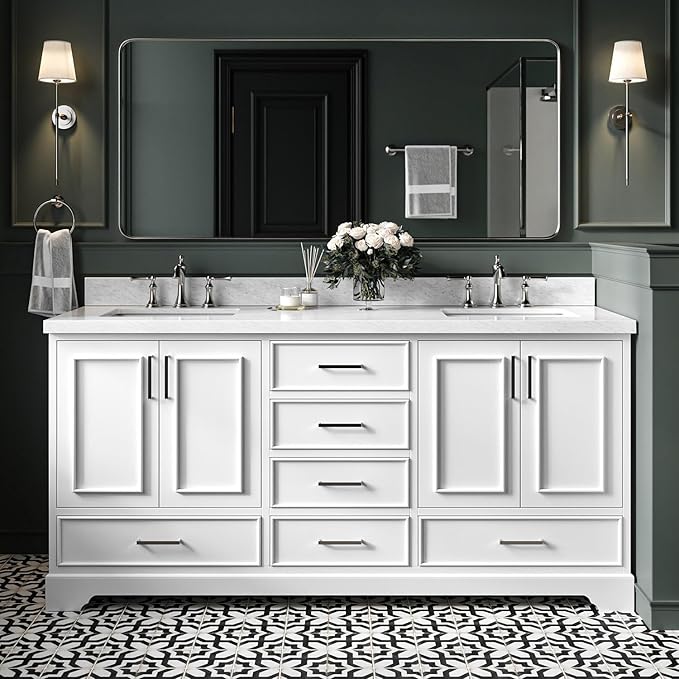 Langford 72-inch White Bathroom Vanity with Left & Right Rectangle Double Sinks, Italian Carrara Marble Countertop & Backsplash, Solid Wood Frame, Soft-Closing & Dovetail Drawers