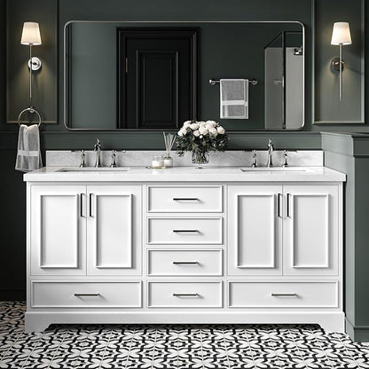 Langford 72-inch White Bathroom Vanity with Left & Right Rectangle Double Sinks, Italian Carrara Marble Countertop & Backsplash, Solid Wood Frame, Soft-Closing & Dovetail Drawers