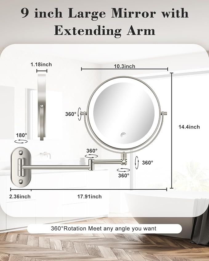 20X 9" Wall Mounted Magnifying Makeup Mirror with Light Height Adjustable | 5000mAh Double Sided Rechargeable LED Lighted Vanity Mirror with Magnification 3 Color Light up Extended Arm 360 Rotation
