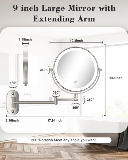 20X 9" Wall Mounted Magnifying Makeup Mirror with Light Height Adjustable | 5000mAh Double Sided Rechargeable LED Lighted Vanity Mirror with Magnification 3 Color Light up Extended Arm 360 Rotation
