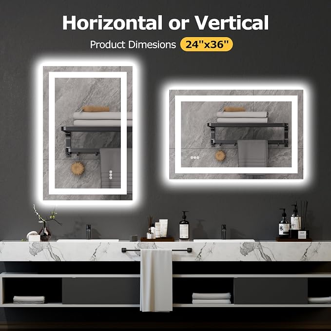 Hivone 24X36 LED Bathroom Mirror with Lights, Anti-Fog, Dimmable, Backlit + Front Lit, Smart Bathroom Vanity Mirror, Memory Function, Shatterproof, Tempered Glass (Horizontal/Vertical)