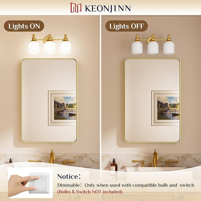 Keonjinn Gold Bathroom Light Fixtures, 3-Light Vintage Vanity Lights for Mirror with Frosted Glass Shades, UL Listed E26 Base(Bulbs Not Included), Reversible Vanity Lighting Fixtures for Bathroom
