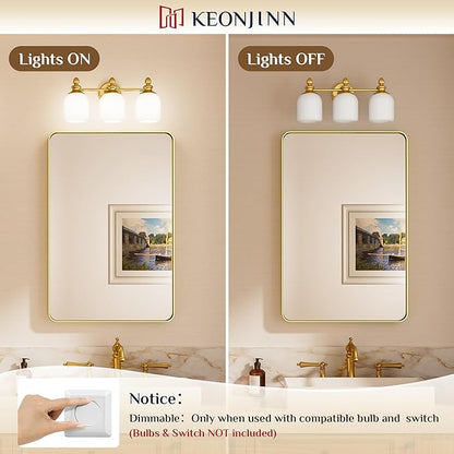 Keonjinn Gold Bathroom Light Fixtures, 3-Light Vintage Vanity Lights for Mirror with Frosted Glass Shades, UL Listed E26 Base(Bulbs Not Included), Reversible Vanity Lighting Fixtures for Bathroom