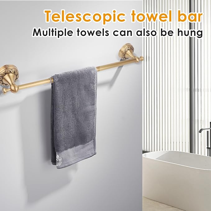 Antique Brass Towel Bar Wall Mount, Adjustable 13-24 inch Bath Towel Rod Holder, Vintage Gold Decorative Bathroom Accessories