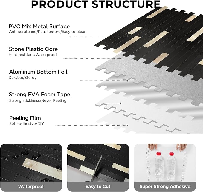 STICKGOO Peel and Stick Backsplash Tile, Stick on Backsplash for Kitchen and Bathroom, Black Mixed Gold Metal Composite Self Adhesive Wall Tiles(10 Sheets)