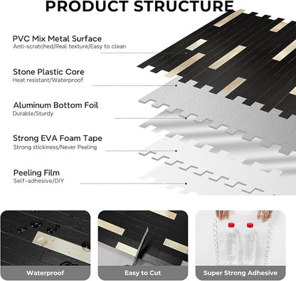 STICKGOO Peel and Stick Backsplash Tile, Stick on Backsplash for Kitchen and Bathroom, Black Mixed Gold Metal Composite Self Adhesive Wall Tiles(10 Sheets)