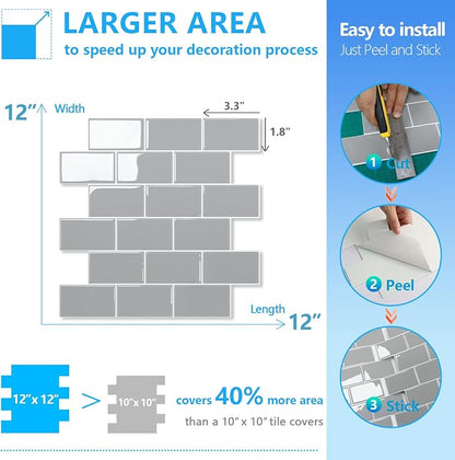 STICKGOO Subway Tile Peel and Stick Backsplash, Thicker Design 12" x 12" Stick on Backsplash Tiles for Kitchen, Bathroom, Wall Tile (1 Sheet, Light Grey)
