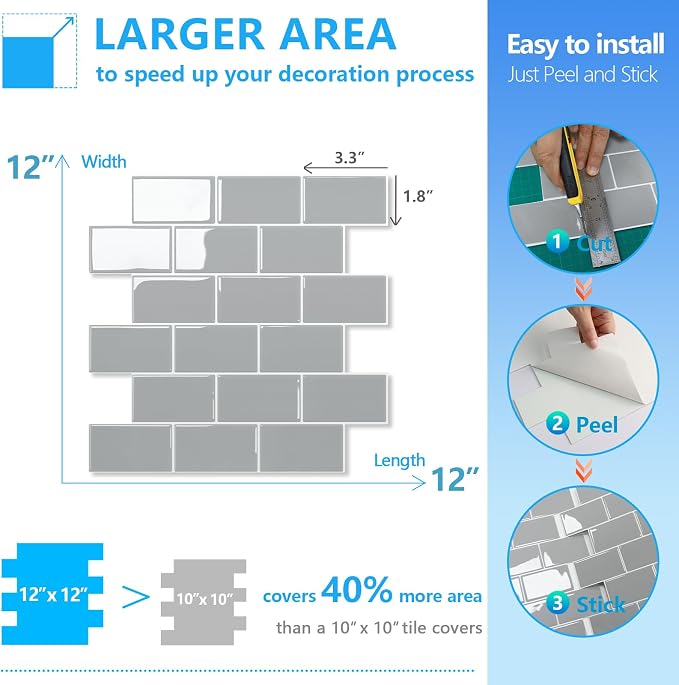 STICKGOO Subway Tile Peel and Stick Backsplash, Thicker Design 12" x 12" Stick on Backsplash Tiles for Kitchen, Bathroom, Wall Tile (10 Sheets, Light Grey)