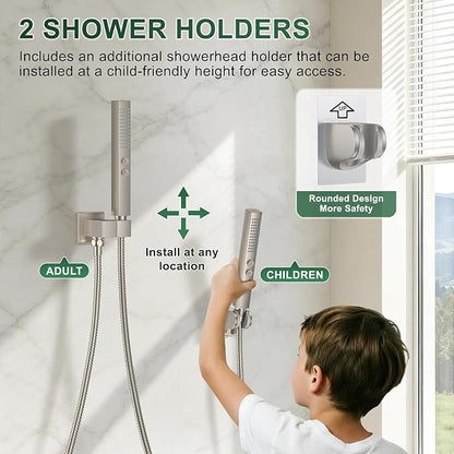 Rain Shower System with Rough-in Valve, Ceiling Mount Shower Faucet Set with 12"&6" Dual Rain Shower Heads, 2-in-1 Handheld Shower, Tub Spout, 4-Function Complete Shower Fixture,Brushed Nickel