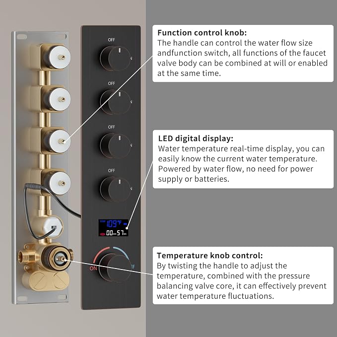 Oil Rubbed Bronze Shower System with 3 Rain Shower Head(12+8+8 inch), Handheld Spray, 4 Way Smart Temperature Display Shower Faucet set