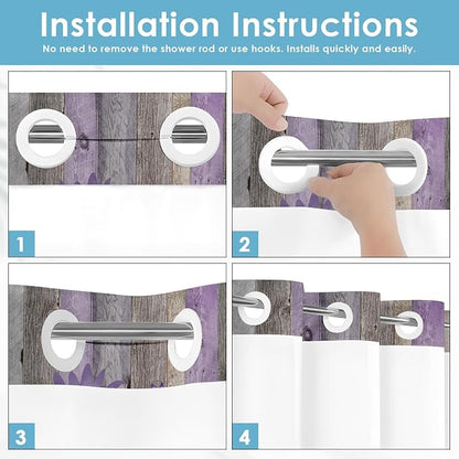 No Hook Shower Curtain with Snap in Liner 71x74 Inch Purple Rustic | Daisy Butterfly Farmhouse Modern Double Layers Waterproof Fabric with See Through Top Window Open Grommet Bath Curtain