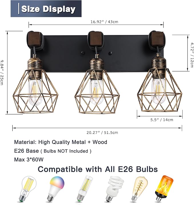 maesta Bathroom Vanity Light, 3 Light Farmhouse Fixture Over Mirror | Farmhouse Bathroom Light Fixtures, Wood & Metal, Black Gold, Anti-Rust Easy to Install for Rustic Bathroom Hallway