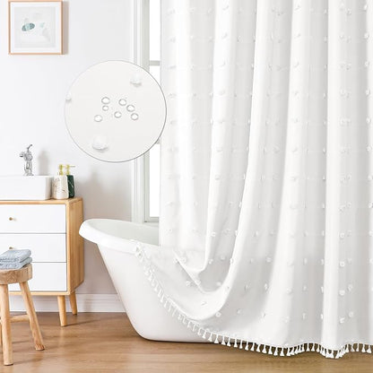 LilyCat White Farmhouse Tufted Floral Shower Curtain with Tassel, 72" x 84" | Waterproof Boho Fabric Shower Curtain Set with Hooks, Cute Rustic Vintage Bathroom Décor, Minimalist Cloth Bathroom Curtain