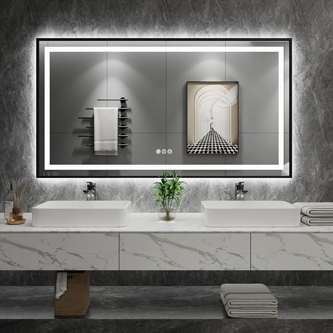 55"X36" LED Bathroom Mirror with Black Frame, Front Lit and Backlit | Metal Framed Mirror, Stepless Dimmable, HD Reflection, Anti-Fog, Shatter-Proof, Memory, 3 Colors Lighting, UL Listed.