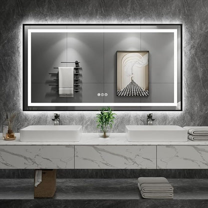 55"X36" LED Bathroom Mirror with Black Frame, Front Lit and Backlit | Metal Framed Mirror, Stepless Dimmable, HD Reflection, Anti-Fog, Shatter-Proof, Memory, 3 Colors Lighting, UL Listed.