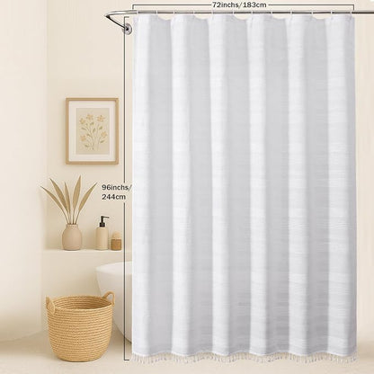 Extra Long White Shower Curtain 96 Inch Long, Boho Chic Textured Soft Fabric Heavy Duty Cloth Bathroom Shower Curtain with Tassel, Tall Farmhouse Luxury Bath Decor, 72Wx96L Inches