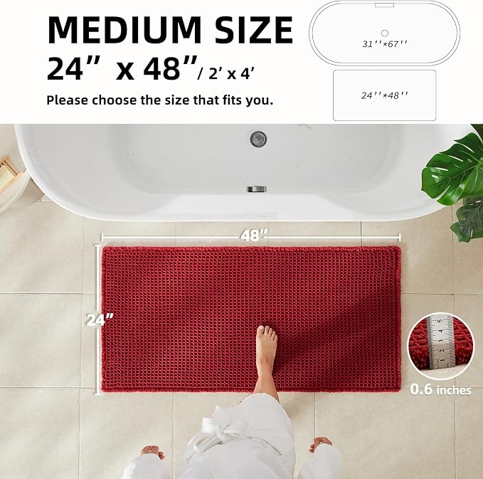 TYUU Waffle Bath Mat, Boho Bathroom Rugs Non Slip, 48x24 Burgundy | Super Absorbent Quick Dry Bath Rug, Non-Slip Backing, Soft Waffle Washable Farmhouse Bathroom Mats, Tub, Shower & Home Decor