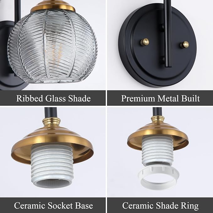 Mecgirn Bathroom Vanity Light Fixtures, 1-Light Smoky Gray Glass Shade, Modern Black and Gold Wall Sconce, Unique Textured Leaf Pattern, Ceramic E26 Sockets Wall Mounted for Mirror, Cabinet, Hallway