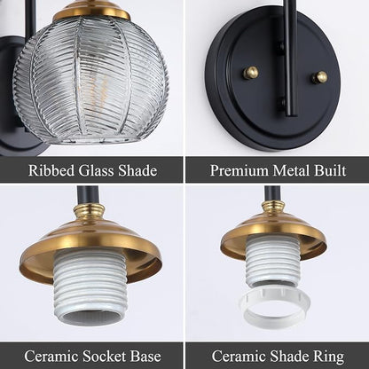 Mecgirn Bathroom Vanity Light Fixtures, 1-Light Smoky Gray Glass Shade, Modern Black and Gold Wall Sconce, Unique Textured Leaf Pattern, Ceramic E26 Sockets Wall Mounted for Mirror, Cabinet, Hallway