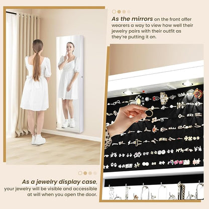 NAFORT 2 LEDs Mirror Jewelry Armoire, 47.5" H Door or Wall Mounted Jewelry Cabinet with Frameless Mirror, Lockable Jewelry Storage Box, Hanging Jewelry Organizer with 2 Drawers, White