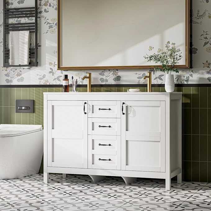 48" Bathroom Vanity with Sink Combo, Freestanding Farmhouse Thickened Wood Bathroom Storage Cabinet with Undermount Double Sink, 3 Drawers & 2 Soft-Close Doors with Organizers, White