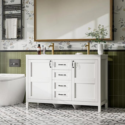 48" Bathroom Vanity with Sink Combo, Freestanding Farmhouse Thickened Wood Bathroom Storage Cabinet with Undermount Double Sink, 3 Drawers & 2 Soft-Close Doors with Organizers, White