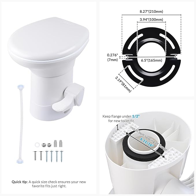 AW RV Toilet Porcelain Enamel & HDPE Gravity Flush Camper Trailer Toilet | Elongated 20" High Profile Foot Pedal Flush Motorhome Caravan