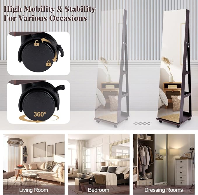 GOFLAME Jewelry Cabinet with Full Length Mirror, Lockable Jewelry Storage Organizer with Wheels, 3-Color LED Lights, Inner Mirror, Freestanding Jewelry Armoire with Rear Storage Shelves, Espresso