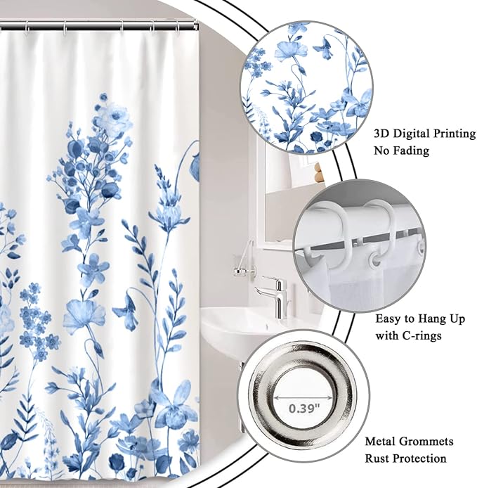 AWERT Small Half Size Stall Shower Curtain with Hooks Shower Stall Curtain 48 x 72 Light Blue Floral 48 inch for Bathroom/RV and Camper