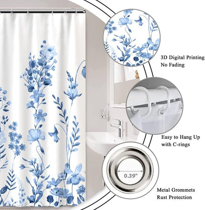 AWERT Small Half Size Stall Shower Curtain with Hooks Shower Stall Curtain 48 x 72 Light Blue Floral 48 inch for Bathroom/RV and Camper