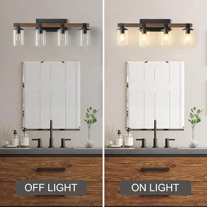 Bathroom Vanity Light Fixtures 4 lights Wooden Farmhouse Vanity Lights | Rustic Bathroom Lights over Mirror with Clear Glass Shade Black Industrial Wall Sconce for Bathroom Bedroom Hallway