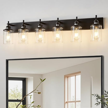 6-Light Black Bathroom Light Fixture Over Mirror Modern Farmhouse Bathroom Vanity Light Vintage Wall Lighting with Clear Glass Shade for Bathroom, Bedroom, Hallway, Cabinet