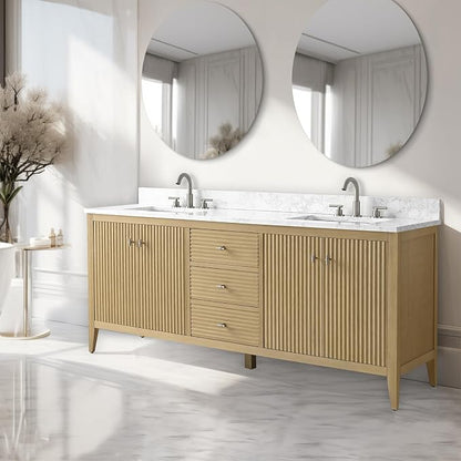 Vanity Art 72 inch Bathroom Vanity with Double Sink & Ceramic Top, Vanity Cabinet with Soft-Closing Door, Solid Wood Frame, Linear Pattern, Natural Oak, Golden Brushed Handware VA9172-DNO-GB
