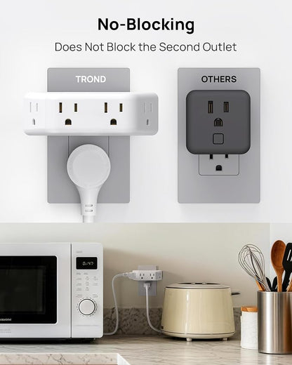 TROND Wall Outlet Extender 3 Pack, Surge Protector Outlet, White | 4 Grounded Sockets, 3 Way Angled Plug Adapter, Space-Saving, 900J, Multiple Wall Splitter for Home Office Dorm Room