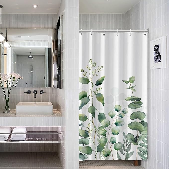 AWERT Small Half Size Stall Shower Curtain with 6 Hooks Shower Stall Curtain 36 x 72 Plant Sage Green Leaves 36 inch Bathroom/RV and Camper (Green Leaves)
